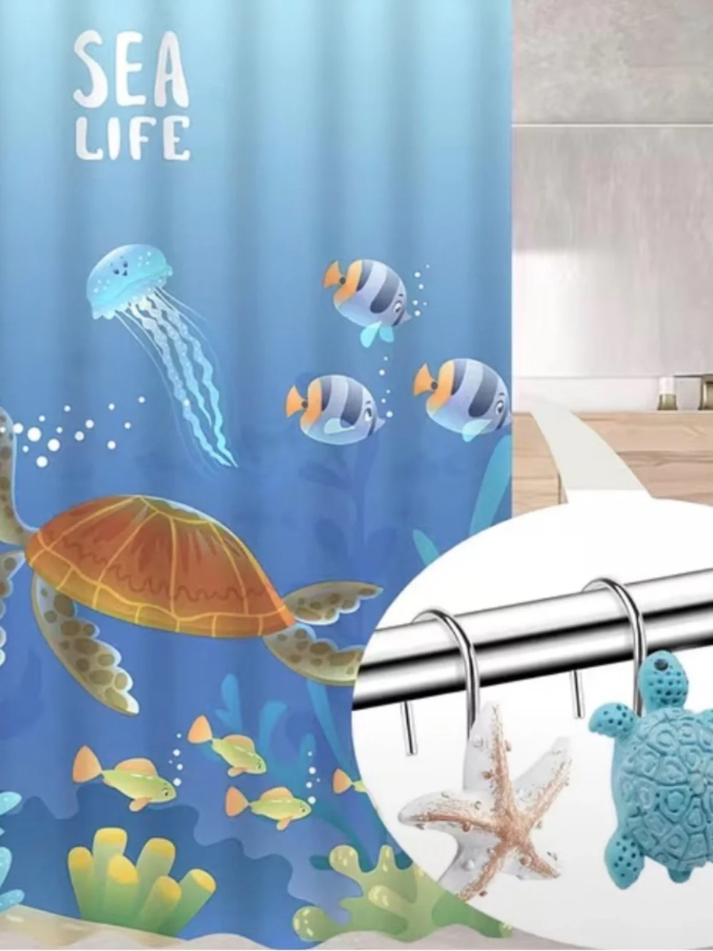 🆕 12 Piece Beach-Themed Shower Curtain Rings - Starfish, Turtle & Shell
